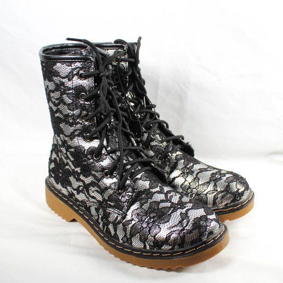 Wet Seal Shoes - Rare Y2K Silver Metallic Foil Black Lace Combat Boots Size 10